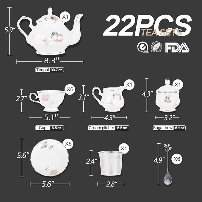 CHENP.HMC Porcelain Ceramic 22-Piece Tea Set, Teapot and Cup Set, 30.7 Ounces, for 6, Gift Sets, Tea or Coffee Lovers, Wedding, Birthday