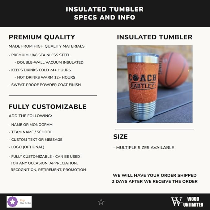 Personalized Basketball Drink Tumbler! Insulated Leatherette Travel Mug with real leather texture, Personalized Basketball Gift, 20oz