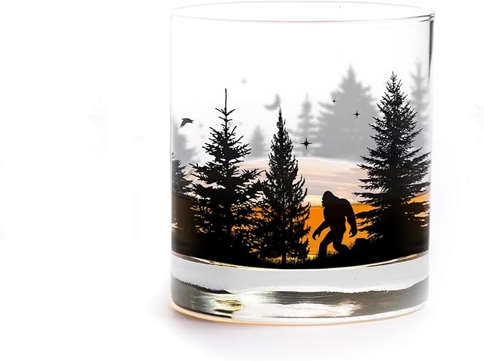 Black Lantern Whiskey Glasses - Unique Themed Cocktail & Everyday Use Drinking Glasses, Perfect for Outdoor Enthusiasts & Nature Lovers - (One 11oz. Glass) (Bigfoot in the Forest)