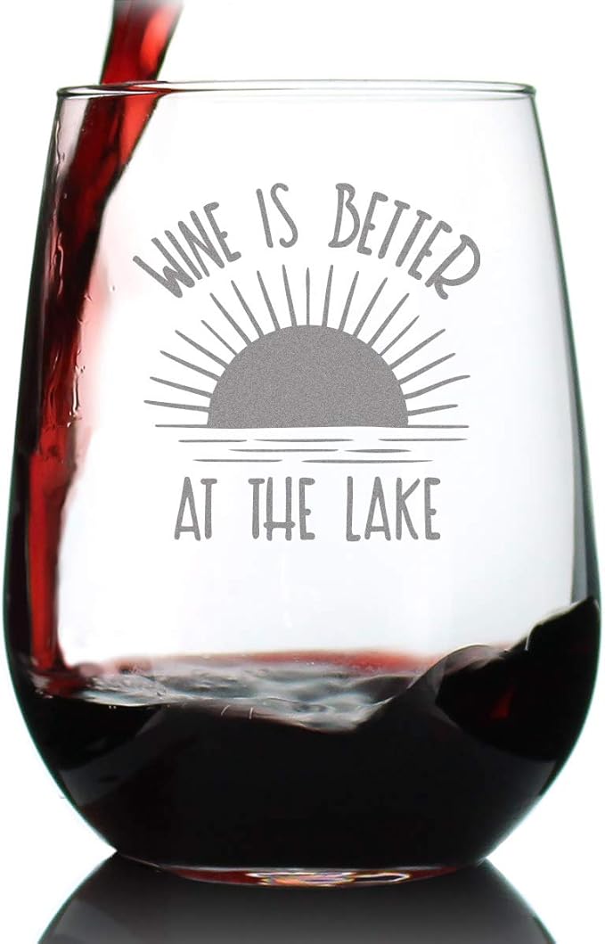 Wine is Better at the Lake - Stemless Wine Glass Gifts for Men & Women - Funny, Cute, Unique Lake House Décor - Large 17 Oz