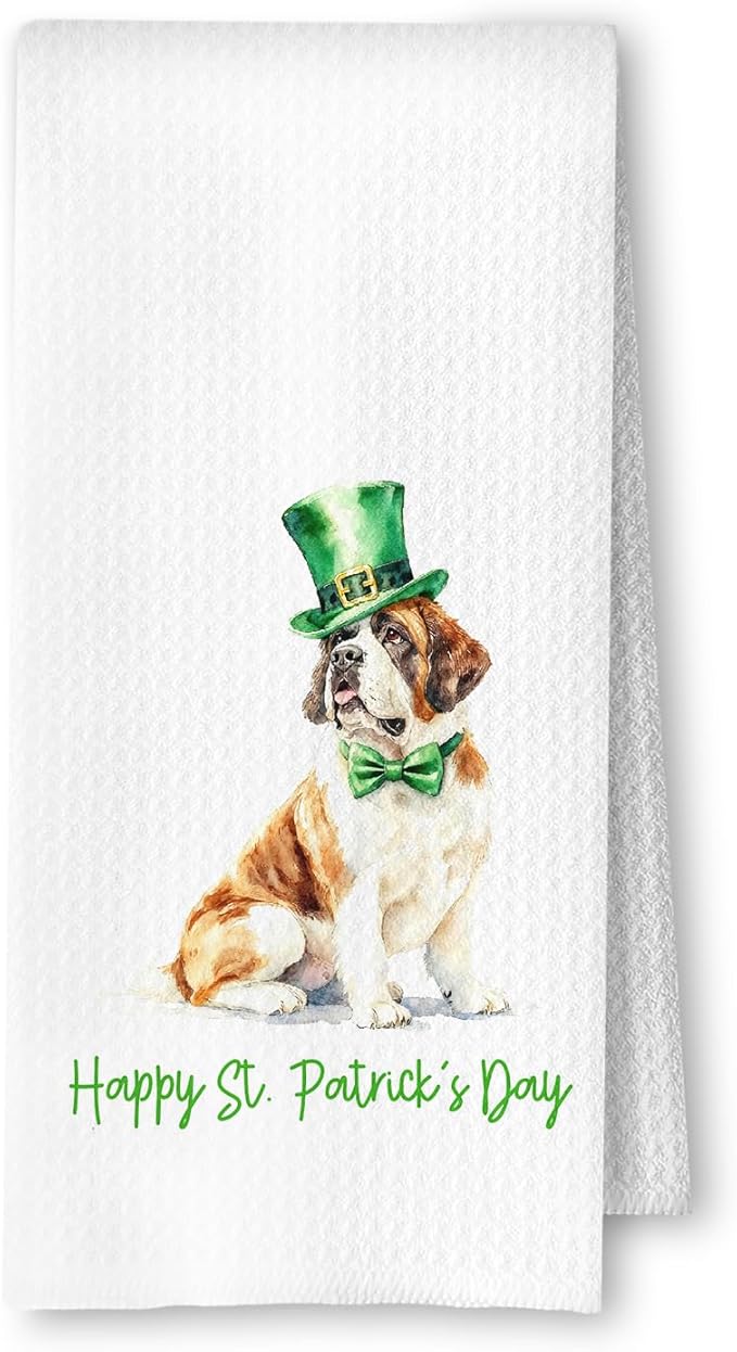 St. Patrick's Day Saint Bernard Kitchen Towels, Saint Bernard Gifts Dish Tea Towel for Kitchen Decor, Irish Leprechaun Hat Dog Hand Towels for Bathroom Decor, 16x24 Inches