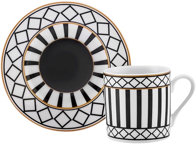 KARACA Helenistik Porcelain Turkish Coffee Cups Set for 6 People - 12 Piece Espresso Cup with Saucers - Drinking Serving Gift Set for Women - Ideal for Serving Turkish Coffee (Black and White, 80 ml)
