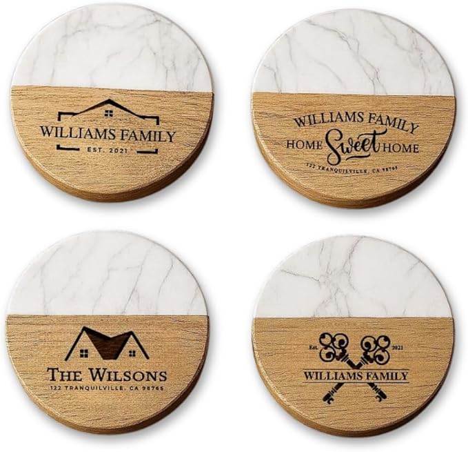Personalized Coasters House Warming Gifts New Home, Custom Drink Coasters with Holder Set for Home Personalized House Warming Gift,