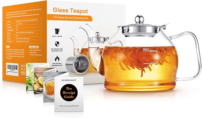 Glass Teapot, 40oz/1200ml Tea Pot with Removable Infuser for Loose Tea, Stovetop Safe Borosilicate Glass Tea Kettle with Strainer and Lid, Hand Crafted Clear Teapot with Scale Line, Tea Brewer Guide
