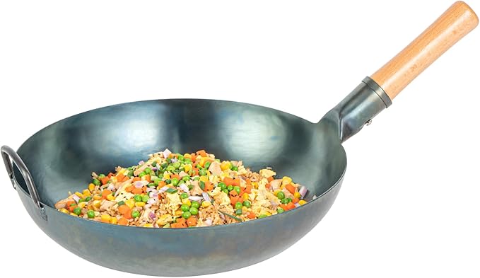 Restaurantware-Motomori 14 Inch Blue Carbon Steel Wok Pan, 1 Traditional Japanese Wok - Flat Bottom, Hand-Hammered, Carbon Steel Traditional Stir Fry Pan, With Wooden Handle