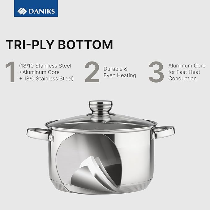 Daniks Standard 11-Piece Stainless Steel Cookware Set with Glass Lids, Includes Saucepan with Lid and Frying Pan, Tri-Ply Bases for Even Heating, Induction Compatible, Dishwasher Safe, Silver