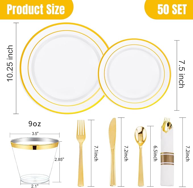 WELLIFE 350Pcs Gold Plastic Plates for 50 Guests - Plastic Dinnerware Set, Includes 100 Party Plates,150 Gold Silverware Disposable,50 Napkins,50 Cups,Disposable Plates for Party and Wedding