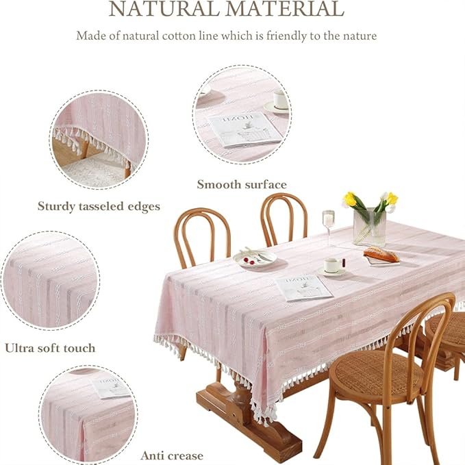 Pahajim Striped Tablecloth Rectangle with Tassels Thick Linen Cotton Table Cloth for Outdoor Picnic Dining and Holiday Kitchen Decor Rectangle/Oblong,55''x102'', 8-10 Seats