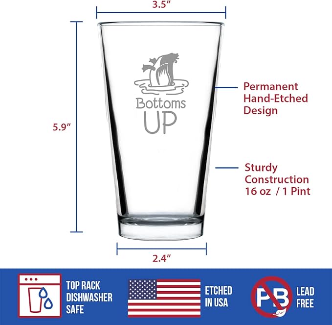 Bevvee Bottoms Up - Pint Glass for Beer - Funny Duck Themed Gifts - Lake House Decor for Women and Men - 16 Oz Glasses