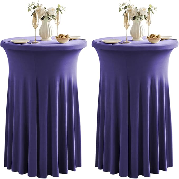 Qubjus 2 Pack Cocktail Tablecloths Stretch Table Skirt - 32x43 inch Bar High Top Stylish and Elegant Cocktail Table Covers for Parties, Weddings, Holidays - Purple