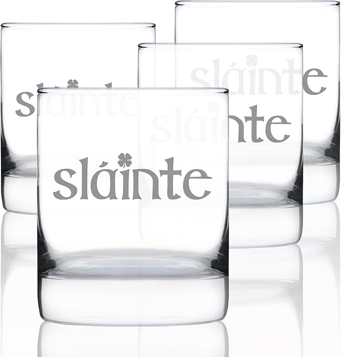 Bevvee Slainte Irish Cheers - Whiskey Rocks Glasses - Set of 4 - Funny St Patricks Day Party Decor or Gifts - 10.25 Ounce