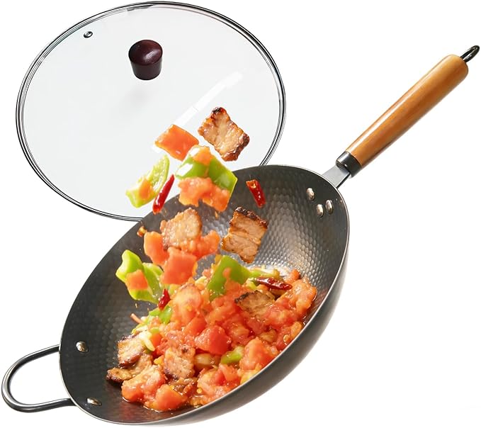 Nonstick Wok,Carbon Steel Wok 12.8-Inch Pan with Glass Lid for Frying,Electric,Induction,Gas Stoves Cooking