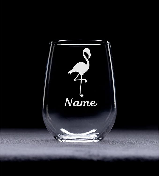 C M Flamingo with Name, 17 oz Custom Stemless Wine Glass - Personalized Flamingo Themed Gift for Women and Men