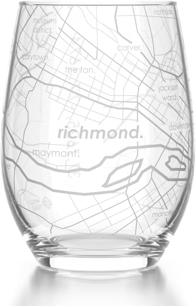 Well Told Engraved Richmond Virginia Map Stemless Wine Glass, Etched Glass (15 oz, Clear) City Custom Gifts for Lovers