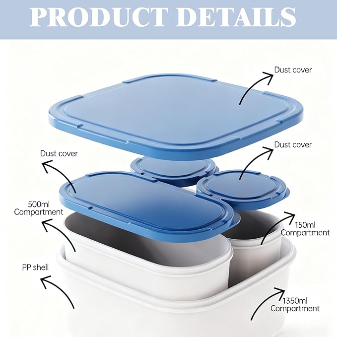 4-Piece Nesting Food Storage Containers with Lids, BPA-Free Stackable Space Saving Kitchen Containers Set for Meal Prep, Organization (150ml+150ml+500ml+1350ml) (Blue Lid & White Body)