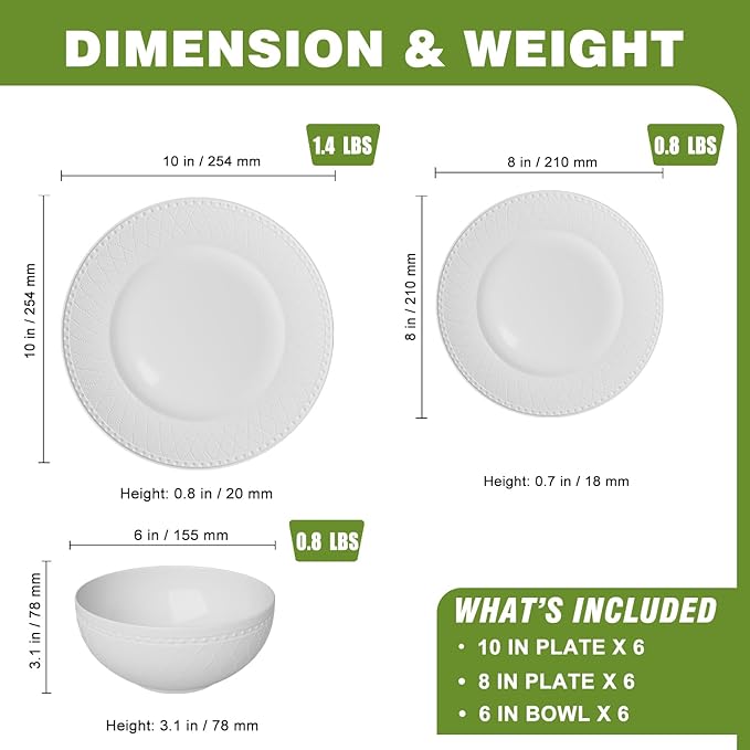Yoshy 12-Piece White Bone China Dinnerware with Lightweight Durable Chip Resistant Design Service for 4 (18 Piece - Service for 6, Interlace)