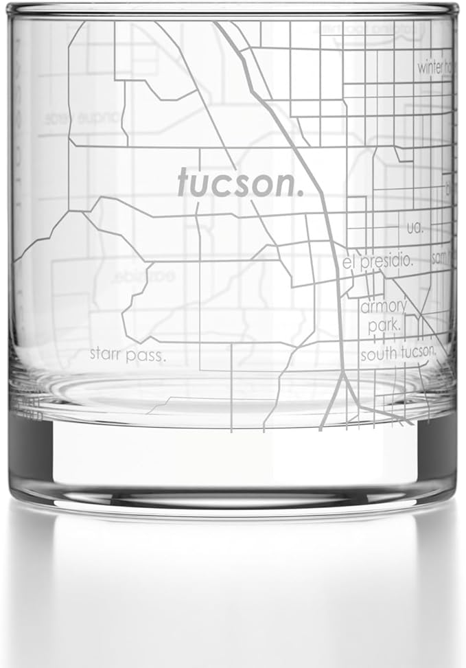 Well Told Engraved Tucson Arizona Map Rocks Glass, Old Fashioned Glassware (11 oz, Clear) Etched Bourbon Tumbler, Gifts For Whiskey Lovers