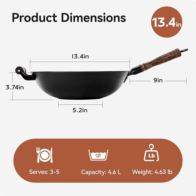 WANGYUANJI Cast Iron Wok Pan 13.4 Inch, Flat Bottom Chinese Stir Fry Wok with Wooden Lid & Handle, Textured Uncoated Large Wok Skillet for Induction Cooktop, Gas & Electric, Seasoning Recommended