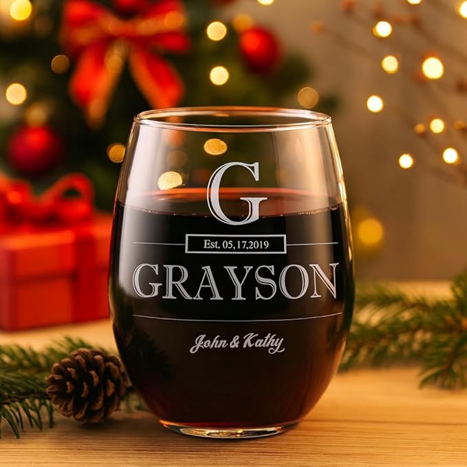 Custom Stemless Wine Glass for Him Personalized Wedding Wine Glass, Engraved With Your Engagement Gift, Wedding gifts or Anniversary Information! Customized Gifts for Women Gifts or Couples Gift