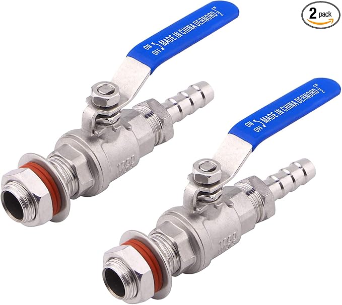 DERNORD 2 Packs 1/2 Inch Weldless Ball Valve Stainless Steel 304 Bulkhead For Home Brew Kettle (1/2" NPT to 1/2" Barb Hose)