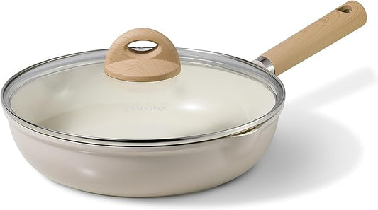 CAROTE 10" Ceramic Frying Pan with Lid, Non Stick Frying Pan Skillet Chef's Pan, Healthy & PFOA/PFAS Free, Induction-Compatible, Taupe