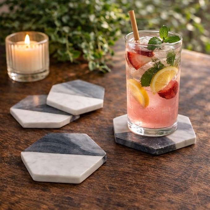 Set of 4 Handmade Natural Marble Hexagon Coasters Set – Stone Drink Coasters for Coffee Table Decor, Wine & Bar Coasters, Serveware, Housewarming Gift, Wedding Gift & Home Styling