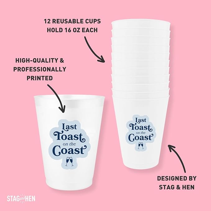 Stag & Hen Last Toast on the Coast Bachelorette Party Cups - 12 Pack, 16 oz Cups | Custom Drinkware for Nautical Boat Beach Summer Themed Bridal Shower, Engagement Party | Bridesmaids Gifts, Favors