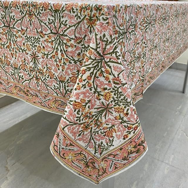 Ridhi Hand Block Print Sassy Salmon Emerald Green Rectangle Cotton Tablecloth 90" x 60" Reusable Table Cover Decorative Everyday Use for Dining, Farmhouse, Home Gift for Spring, Easter, Valentine
