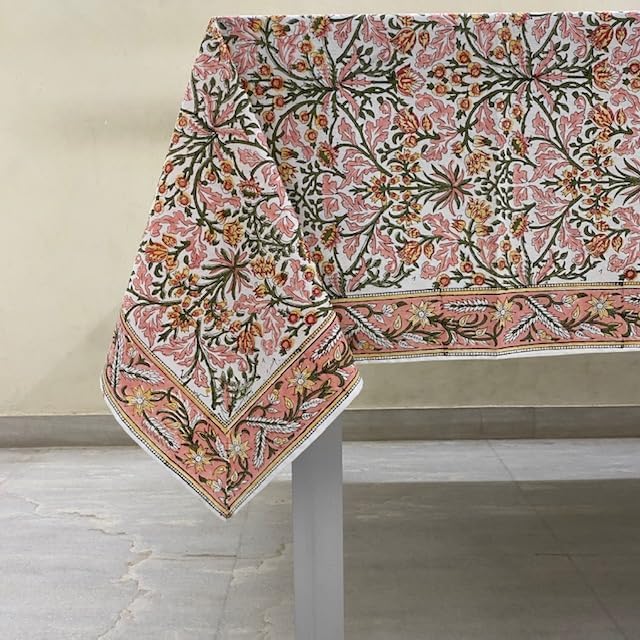 Ridhi Hand Block Print Sassy Salmon Emerald Green Rectangle Cotton Tablecloth 140" x 72" Reusable Table Cover Decorative Everyday Use for Dining, Farmhouse, Home Gift for Spring, Easter, Valentine