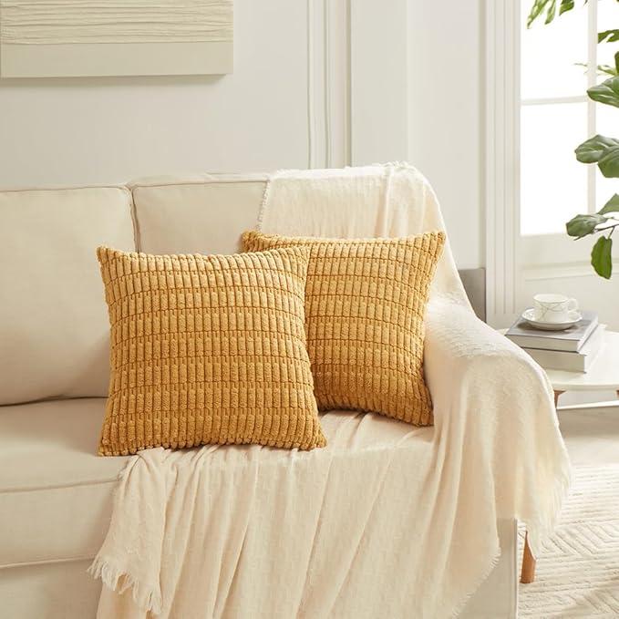 Fancy Homi 4 Packs Mustard Yellow Decorative Throw Pillow Covers 24x24 Inch for Living Room Couch Bed Sofa, Rustic Farmhouse Boho Home Decor, Soft Plush Striped Corduroy Square Cushion Case 60x60 cm