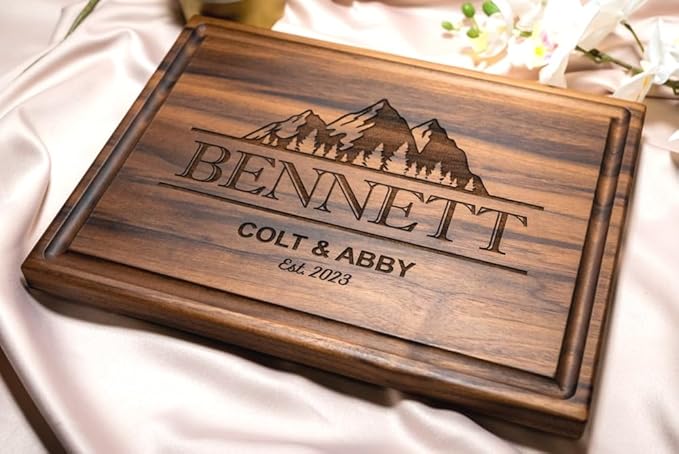 Personalized Cutting Board, Custom Wedding, Anniversary or Housewarming Gift Idea, Wood Engraved Charcuterie, for Family and Friends, Adventure Mountain Design 108