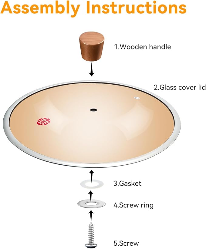 Glass Lid, Wok Lid with Wooden Cover Post Suitable for 13.4 Inch Wok