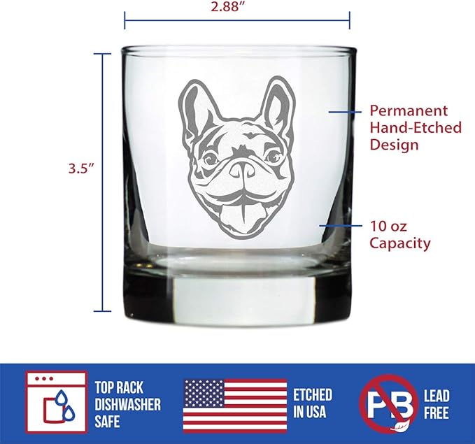 Happy Frenchie - Whiskey Rocks Glass - Unique French Bulldog Themed Gifts or Party Decor for Women and Men - 10.25 Oz