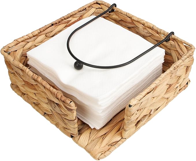 Napkin Holder for Table,Water Hyacinth Flat Napkin Holder with Weighted Arm,Wicker Napkin Baskets for Kitchen Dinner Table,Flat Napkin Dispenser for Countertop, Dining Room
