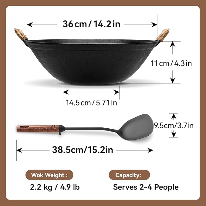 WANGYUANJI 14.2 Inch Cast Iron Wok with Wooden Lid and Iron Spatula, Flat Bottom Double-Handle Chinese Stir Fry Pan, Uncoated Cast Iron Wok for Induction, Gas and Electric Stoves