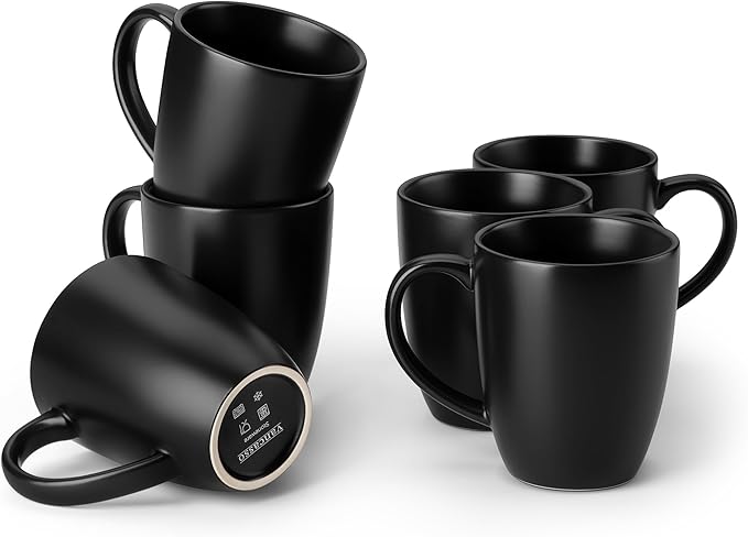 vancasso PLAYA Ceramic Coffee Mug Set of 6, 12 Oz Tea Cups with Handle for Latte, Tea, Cappuccino, Milk, Cocoa, Microwave&Dishwasher Safe, Black