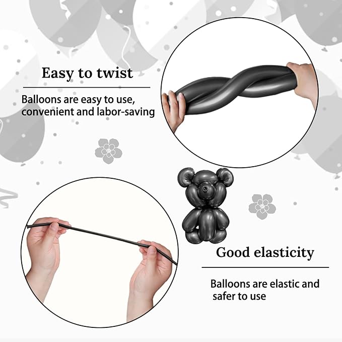 KAWKALSH 260 Metallic Black Long Balloons for Balloon Garland Thickening Skinny Latex Twisting Animals Modeling Christmas Birthday Wedding Party Festival Decorations 100pcs