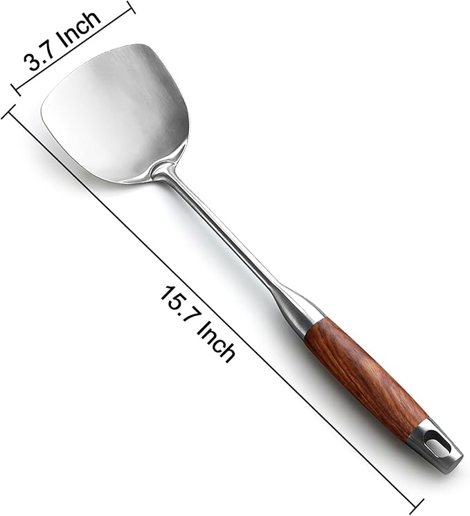 IQCWOOD Chinese Wok Spatula, 15.7’’ Stainless Steel Spatula with Wooden Handle, Ideal Kitchen Gift for Mother and Grandma, Kitchen Utensils Set for Cooking, Frying, Baking