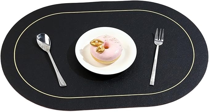 Ellipse Two-Sided Placemat Tableware Pad Table Mat Heat Insulation PU Leather Placemats Bowl Coaster Kitchen Non-Slip(Black)