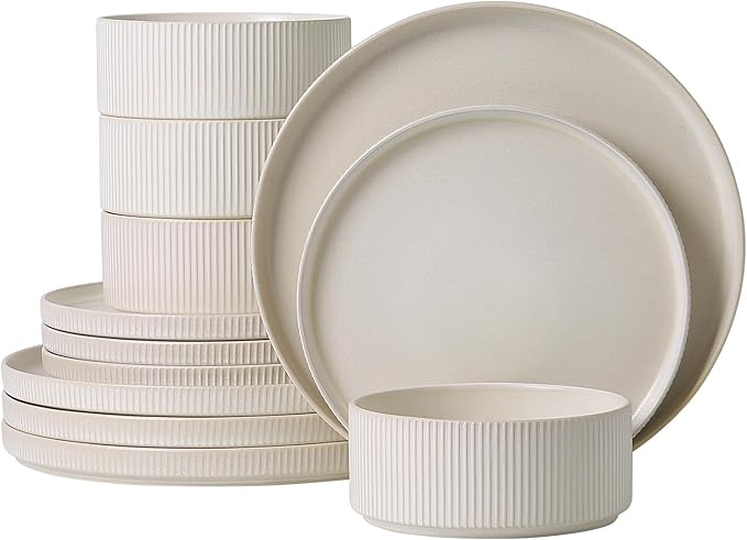 Dinnerware Set Service for 4, 12-Piece Ceramic Plates and Bowls Set, Chip & Scratch Resistant, Microwave and Dishwasher Safe, Modern Minimalist Tableware for Everyday Use, Matte White