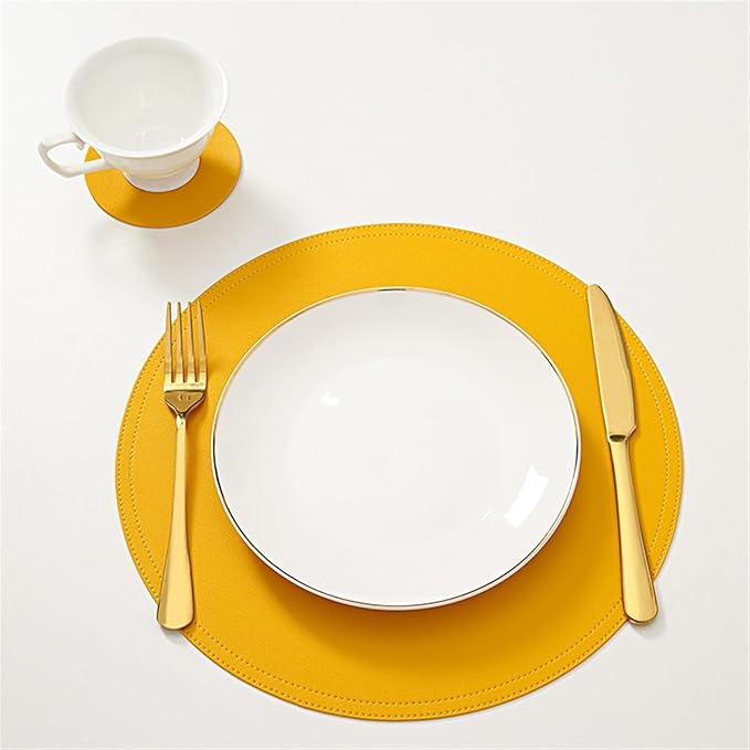 Color Tableware Pad Placemat PU Leather Table Mat Heat Insulation Non-Slip Bowl Coaster Kitchen(Yellow)