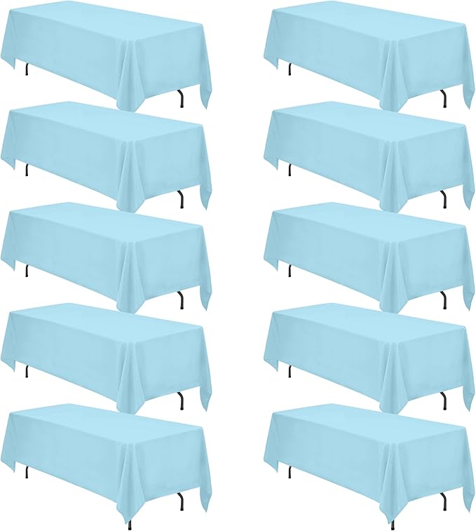 BRILLMAX 10 Pack Light Blue Tablecloths 70 x 120 Inch for 6ft & 8ft Rectangle Tables - 150 GSM Polyester Fabric, Universal Fit, Water, Stain & Wrinkle Resistant Cloth Cover for Wedding Banquet