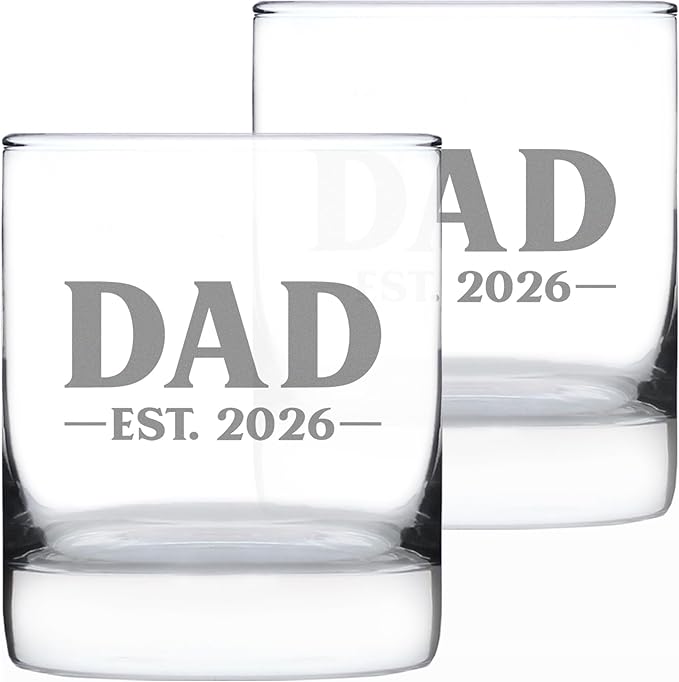 Bevvee Dad Est 2026 Whiskey Rocks Glass - New Father Gift for First Time Parents - Set of 2 - Bold 10.25 oz