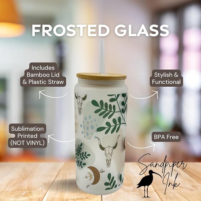 20oz Frosted Glass With Bamboo Lid and Plastic Straw - Western (Western #3, 20oz)