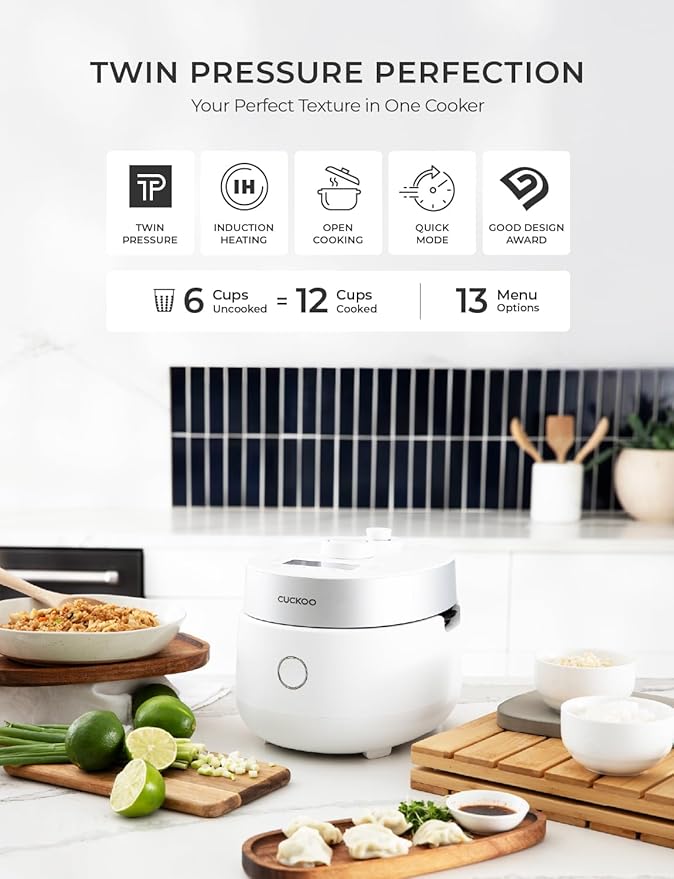 CUCKOO CRP-MHTR0309F | 3-Cup (Uncooked) Twin Pressure Induction Heating Rice Cooker | 11 Menu Options: High/Non-Pressure & More, Made in Korea | White, 3 Cups
