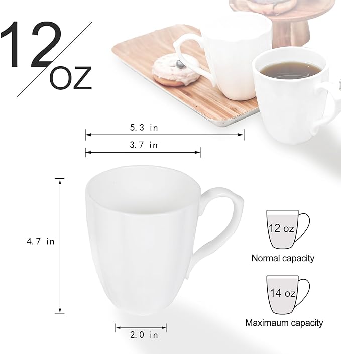 Fine Bone China Coffee Mugs Set of 6 (12 oz), White Pumpkin Shaped Tea Cups, Lightweight Ceramic Coffee Mugs for Women, DIY Gifts for Festival, Microwave Oven and Dishwasher Safe