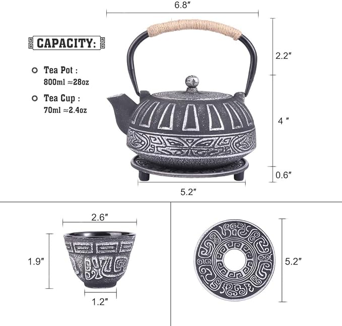 Cast Iron Teapot Set Japanese Style Tea Kettle with Infuser, Enameled Interior Cast Iron Tea Pot with 4 Teacup for Stove Top, Handmade Gift for Friend (28 Ounce, Black)