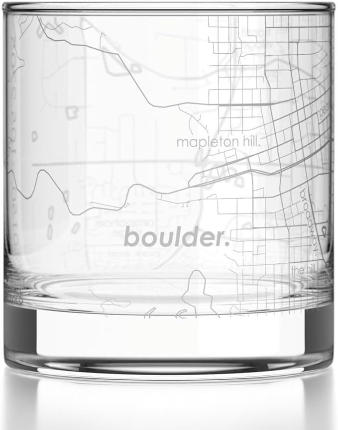 Well Told Engraved Boulder Colorado Map Rocks Glass, Old Fashioned Glassware (11 oz, Clear) Etched Bourbon Tumbler, Gifts For Whiskey Lovers