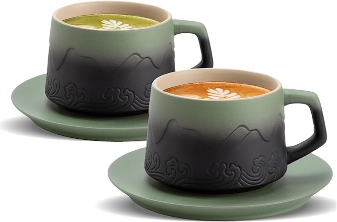ZENS 8 Ounce Artistic Cappuccino Cups Set of 2, Embossed Ceramic Coffee Mug with Saucers for Latte Art, Moss Green & Black