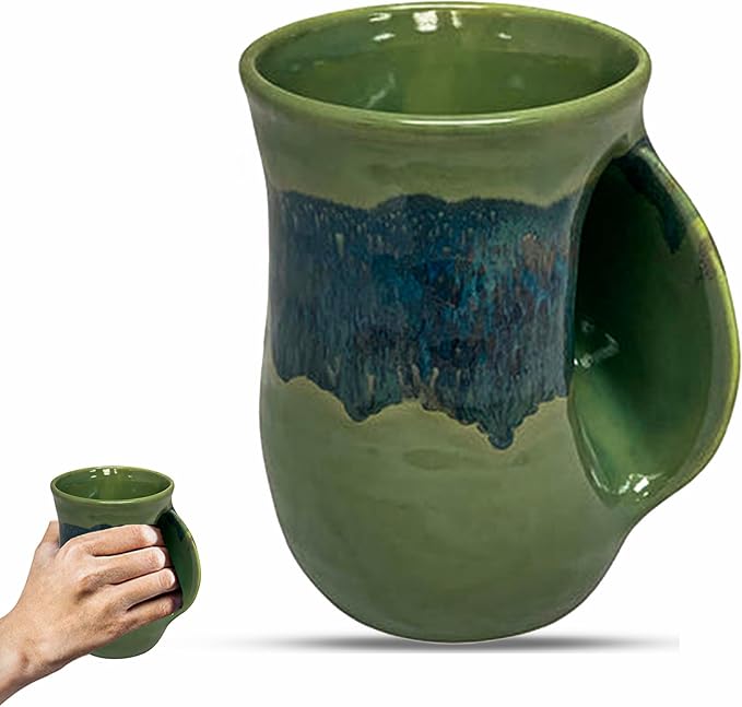 Clay in Motion Hand Warmer Coffee Mug – Handmade Coffee Mug With Comfortable Handle Contoured Pocket Hand Warming Ceramic Coffee Mug – Proudly Made in USA – Right Handed – 14 Oz - Misty Green